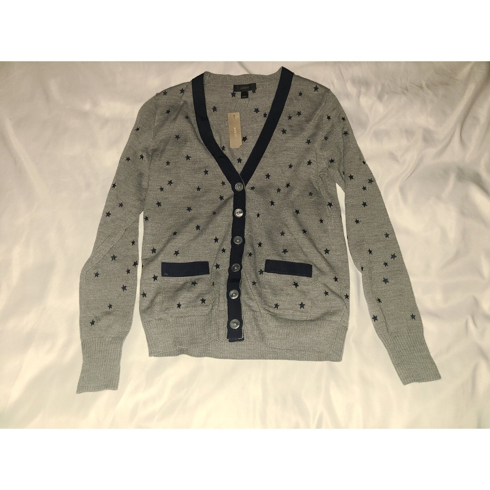 J.Crew Star Print Cardigan Sweater Gray Merino Wool V-Neck Button Front XS